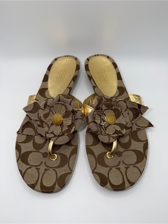 Coach Shoes - Coach Brown Signature Floral Thong Sandals with Gold Accents